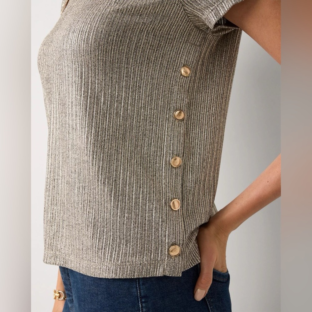 White House Black Market Metallic Ribbed Knit Shell - Silver Taupe